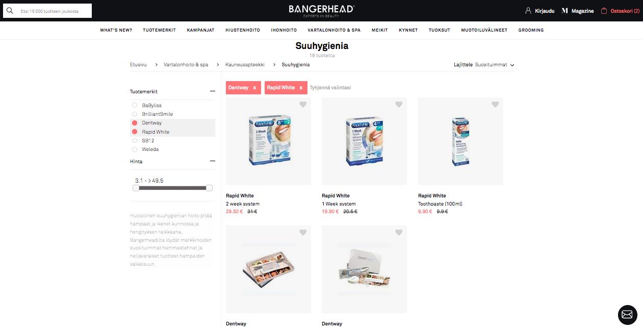 Bangerhead verkkokaupan hampaiden valkaisutuotteet