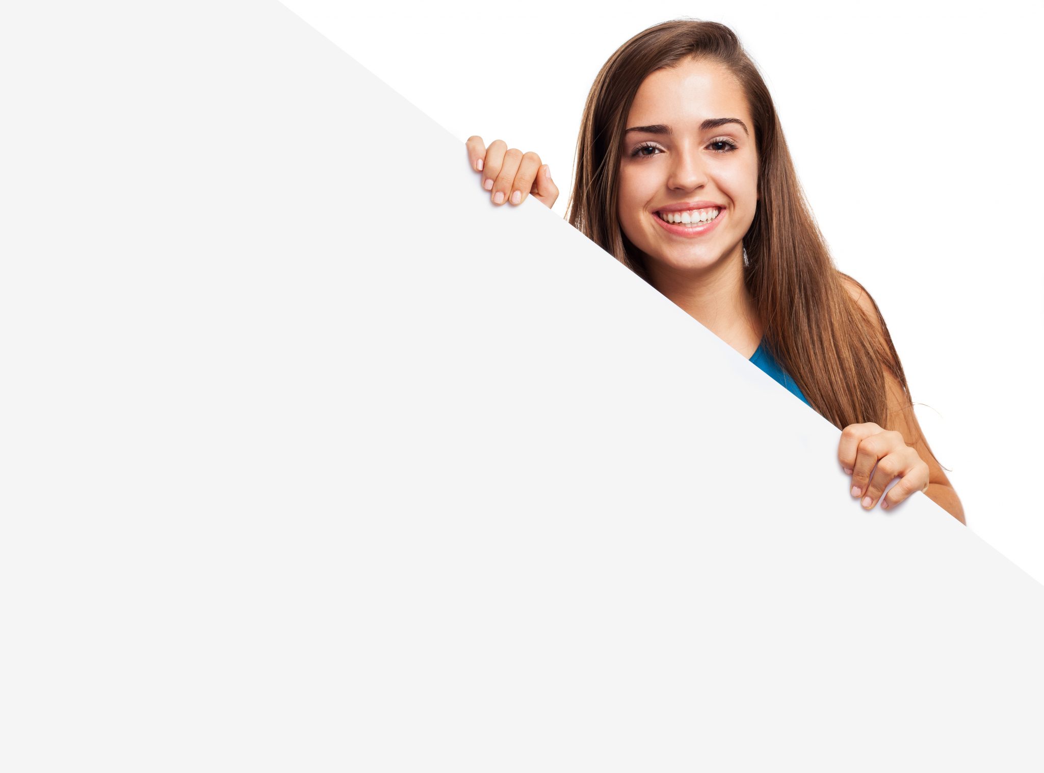 young elegant woman holding a banner on a white background